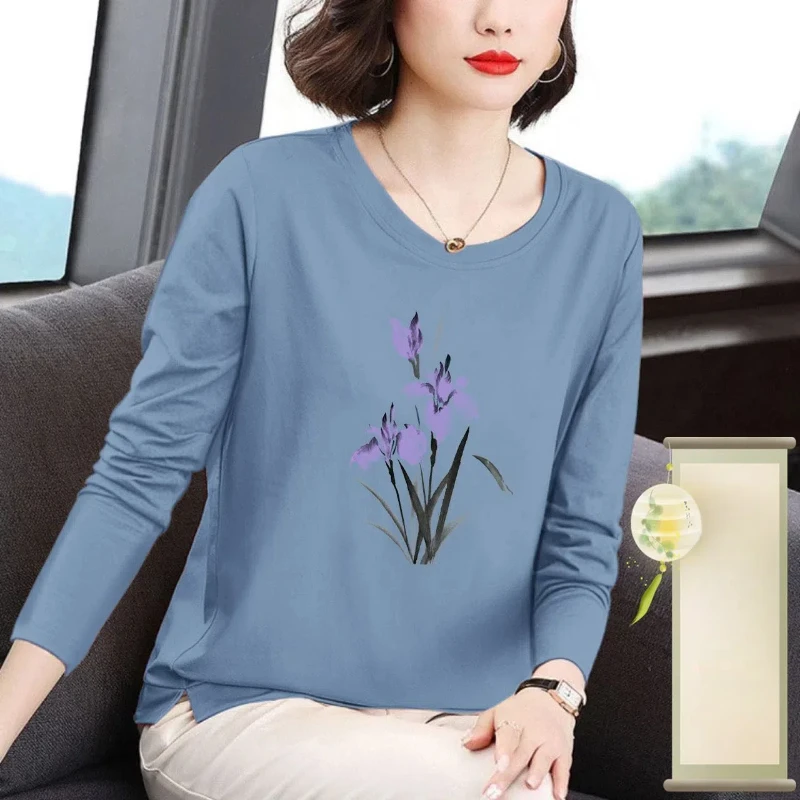 Women\'s Clothing Long Sleeve Crew Neck Printing Plant&Flowers Geometric Pullover T-shirt Spring Autumn Office Lady Trendy Tops