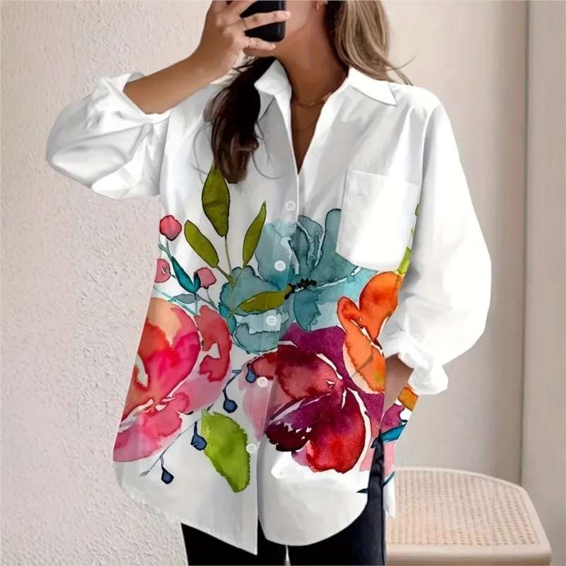 

New Women's Shirts Literary Style Floral Print Long Sleeve Loose Casual Fashion Shirt Ladies Lapel Temperament Elegant Shirt
