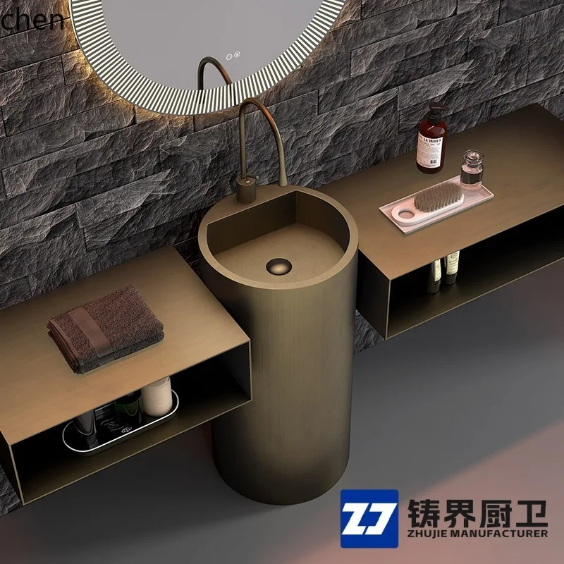HT Stainless Steel Standing Basin Round Barrel Simple High-end Wash Basin Villa Homestay Wash Basin