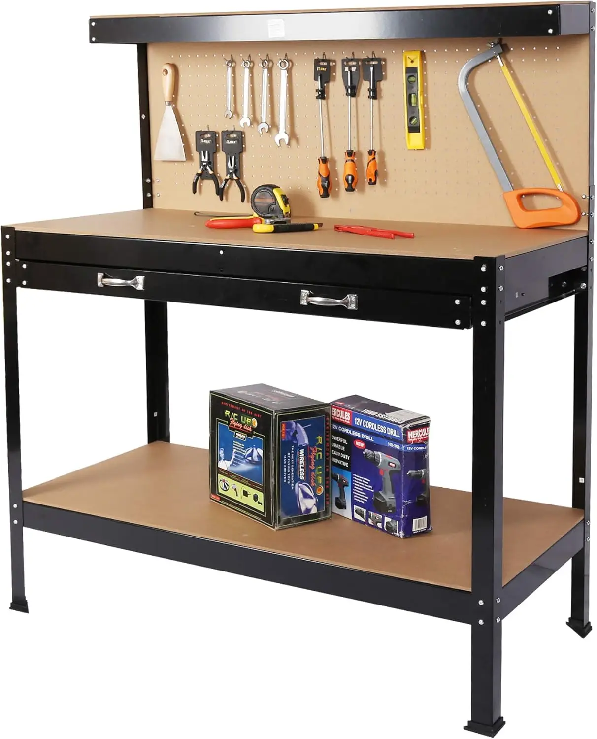 Garage Workbenches with Storage Shelf Pegboard Drawer Backplate Metal Frame Table Wood Top Multipurpose