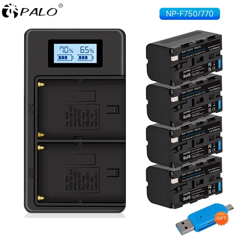 PALO NP-F750 NP-F770 NP F750 NP F770 Battery Akku + LCD USB Charger for Sony NP F970 F960 F550 F570 F750 QM91D CCD-RV100 TRU47E