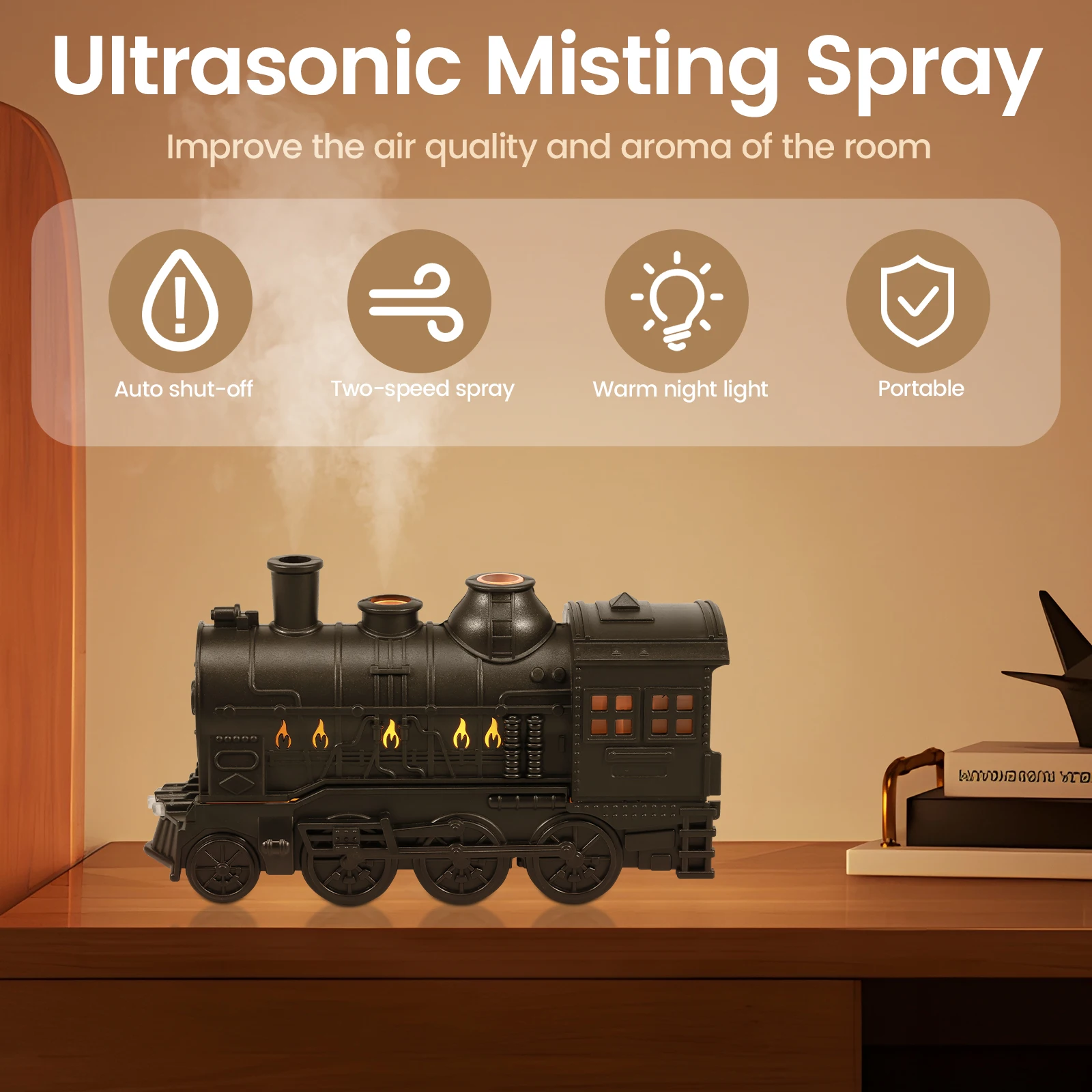 Steam Train Essential Oil Diffuser w/ Light 300ml Train Humidifier Diffuser Retro Train Humidifier Auto Off Steam Train Diffuser