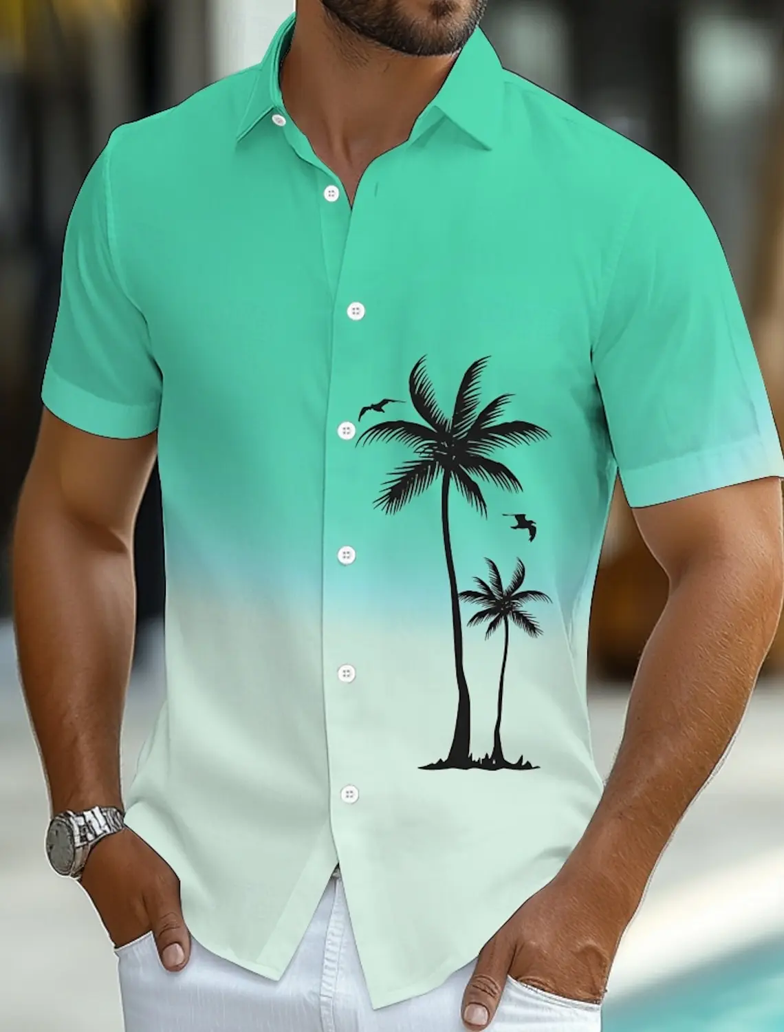 2025 Summer Men\'s Coconut Tree Gradient Color Tropical Plants Summer Hawaiian Shirt Button Up Shirt Short Sleeve Hawaiian shirts