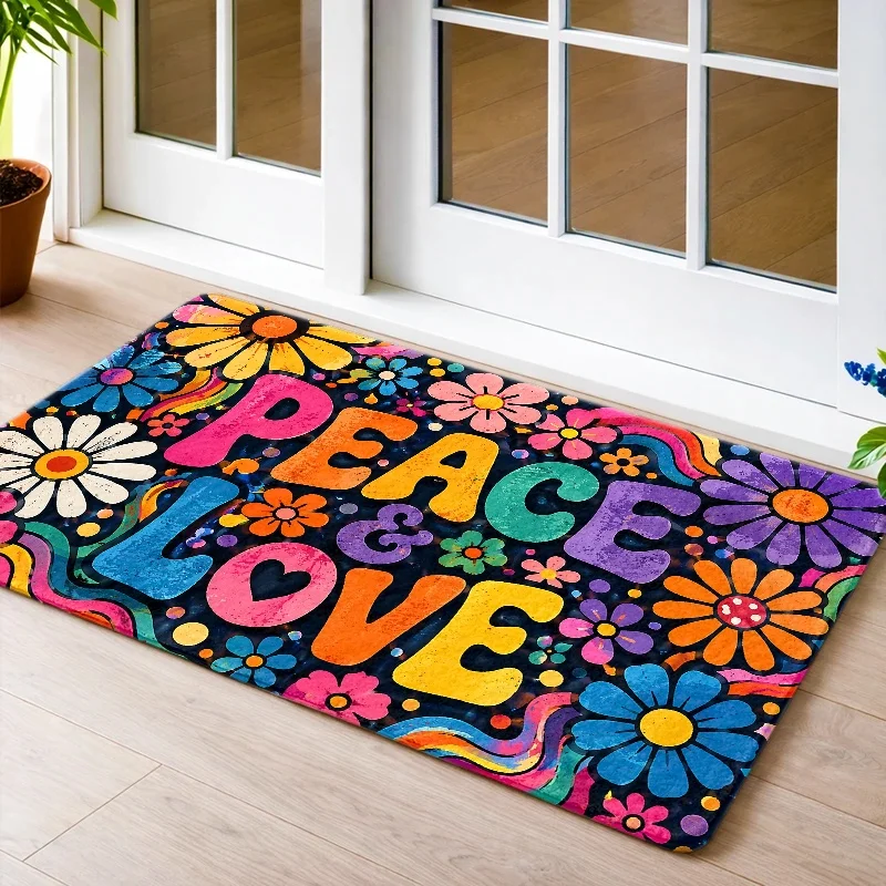 Retro Hippie Peace And Love Flower Printed Doormats, Durable, Machine-Washable Bath Mat, Entrance Mat, Door Mat, Kitchen Mat,