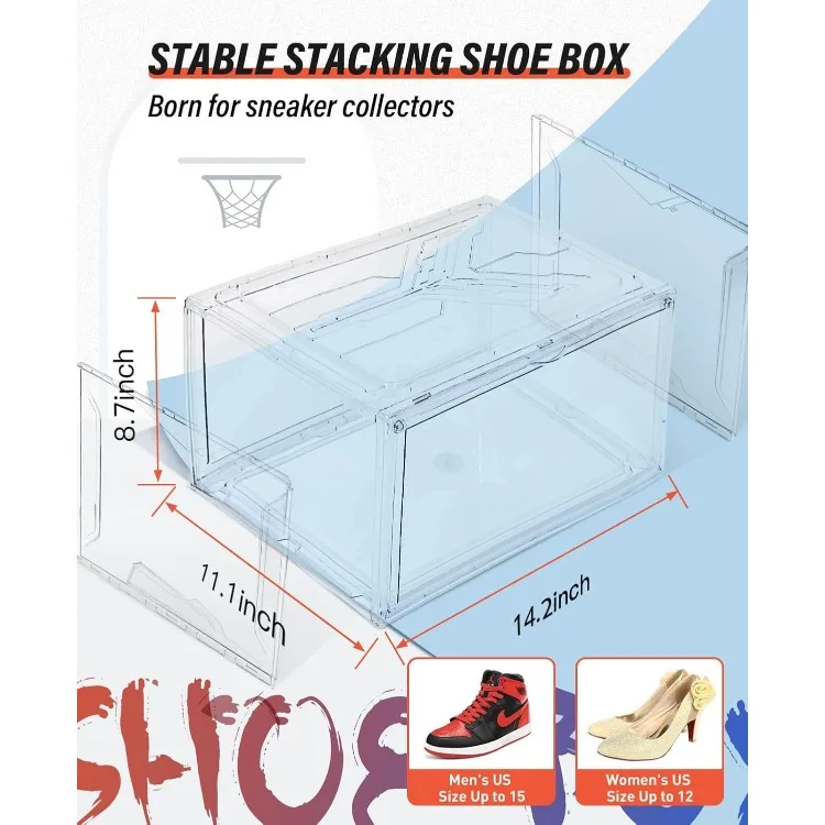 Shoe Boxes Clear Plastic Stackable 10 Pack Sneaker Storage Boxes with Magnetic Door, Acrylic Boxes for Display, Strong and