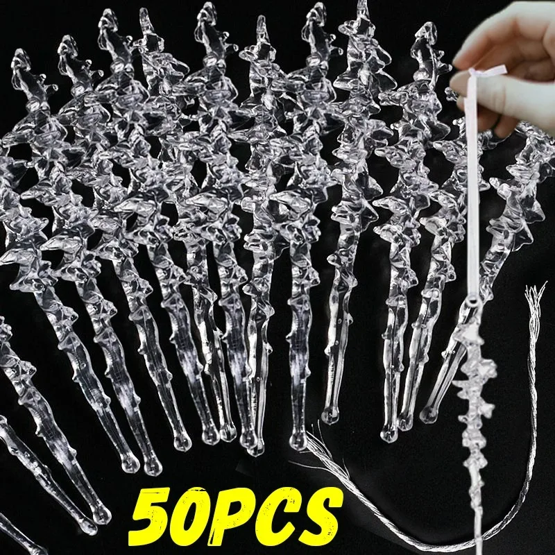 Transparent Christmas Pendant Clear Acrylic Icicle Drop Ornament Xmas Tree Pendant Snow Ice Cone Threaded Festival Supplies