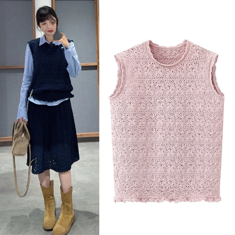 

Retro Sle Knitted Vest Hollow out round Ne Svel Women's Sweater Spring 2026 Faion Trend Pure Color Loose Fit