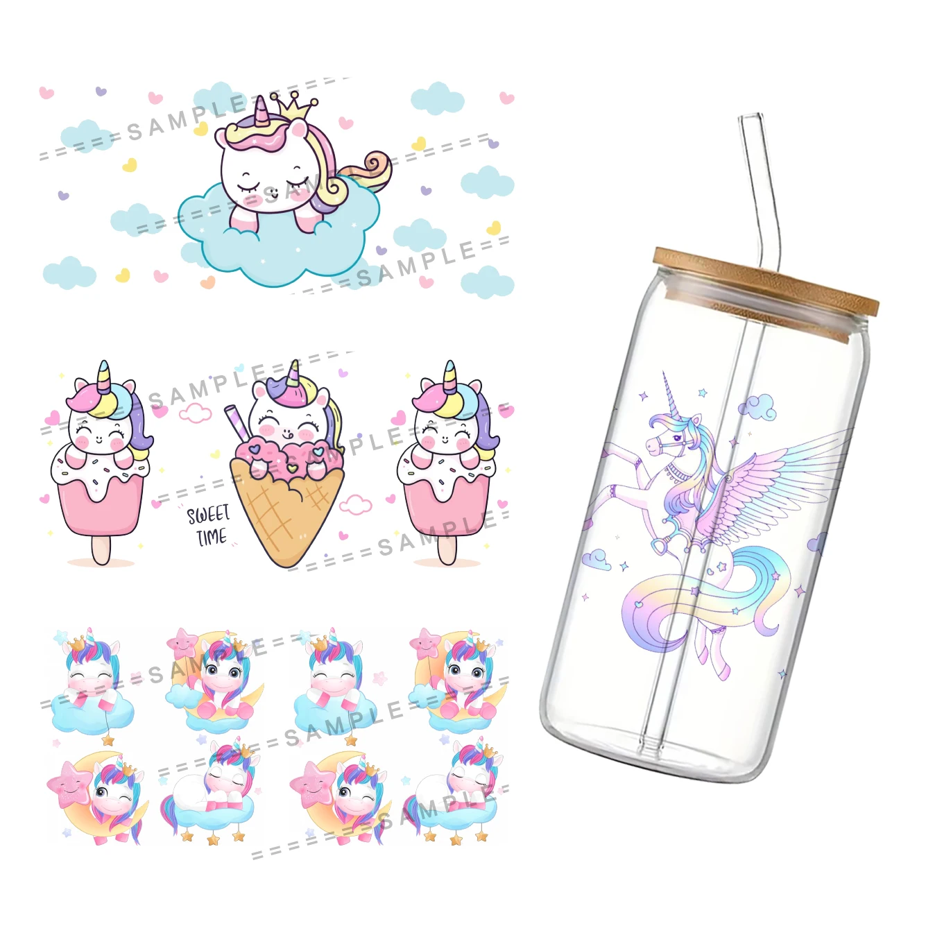 Cute Cartoon Unicorn For Libbey 16oz Can Glass 3D Waterproof UV DTF Coffee Can Wrap Libbey Glass Wrap