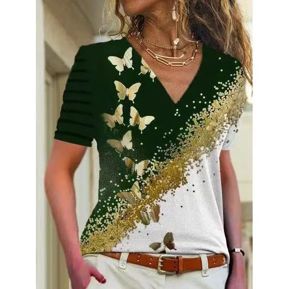 Women's ort Sve Printed Collar T-irt Slim Fit Polyester Spandex Blend Comfortable Breathable Faion Top for Ladies