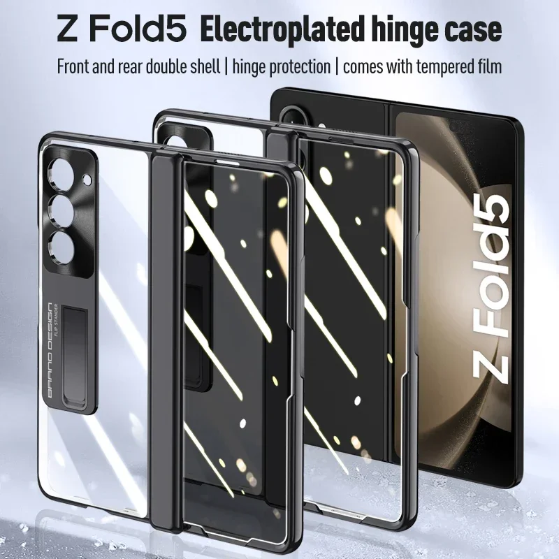 Luxury Plating Transparent Bracket Folding Hinge Tempered Film Case for Samsung Galaxy Z Fold 6 5 4 Shockproof Protective Cover