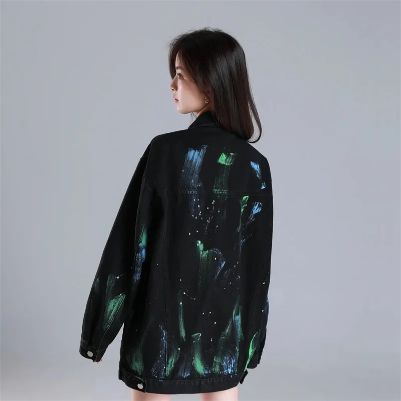 Hong Kong Style Retro Black Denim Jacket 2024 Spring Autumn New Design Sense Graffiti Jacket Loose and Versatile top for Women