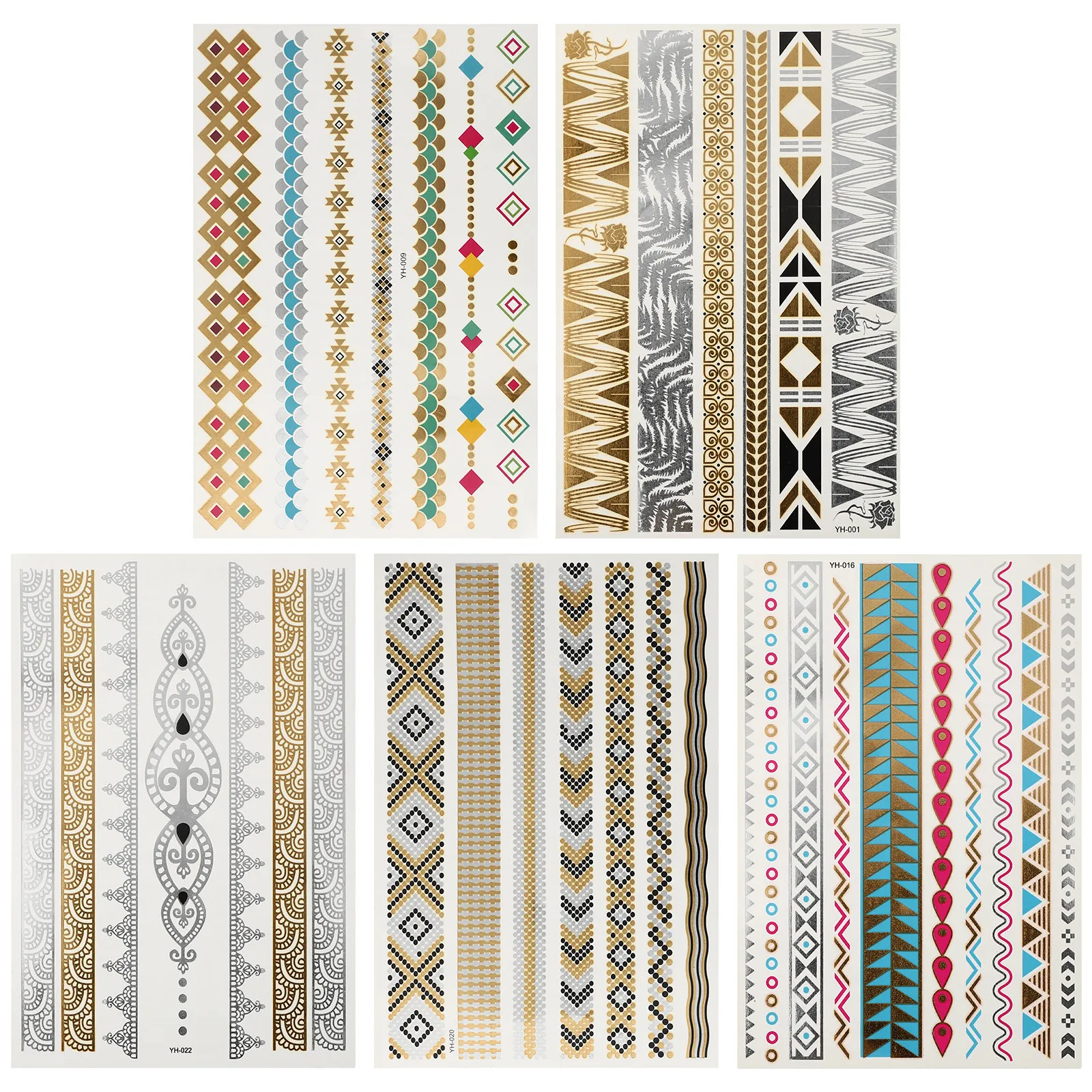 

5Pcs Waterproof Self Adhesive Stickers Temporary Body Tattoos Art Gold Silver Party H Face Decals Chic One Time Use