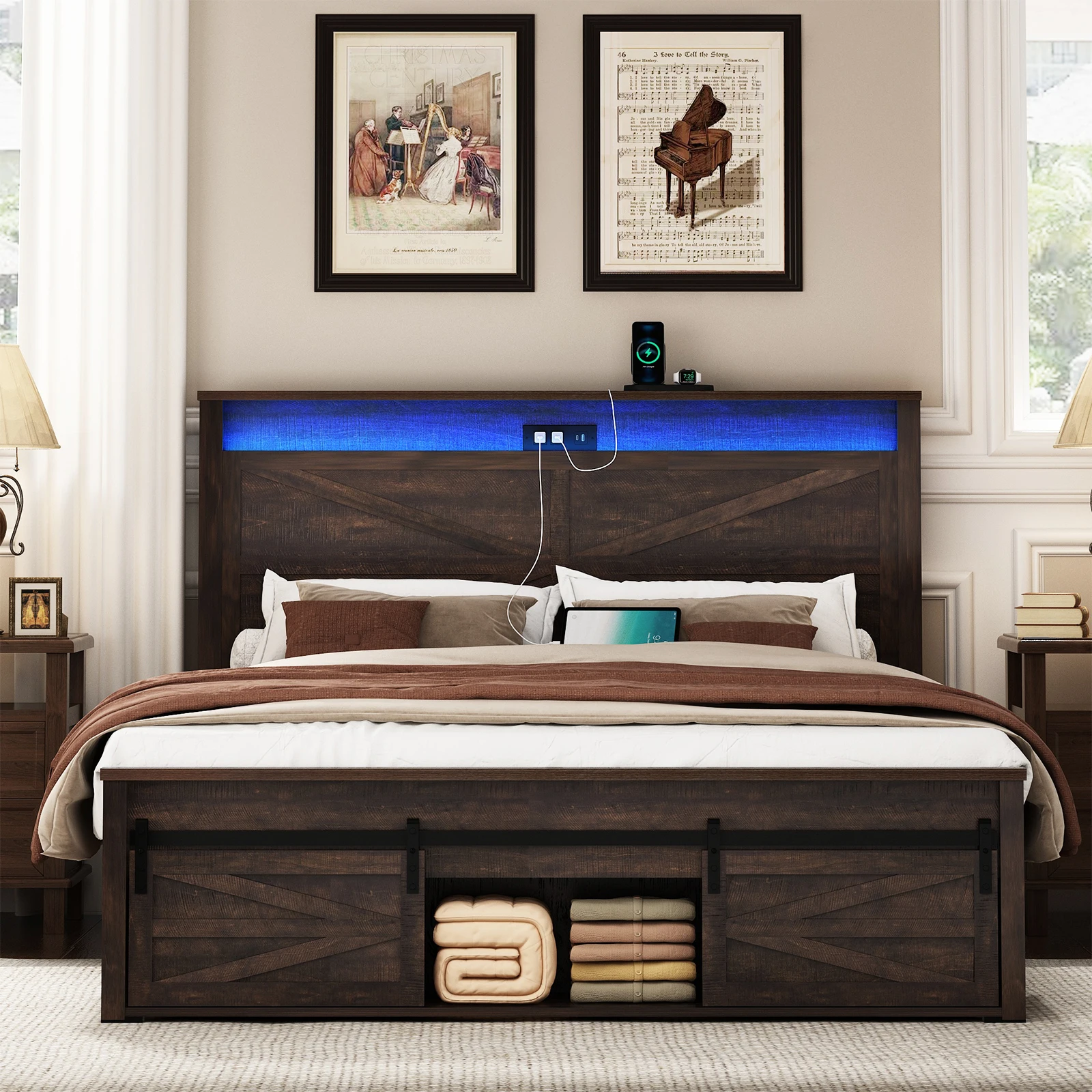 Farmhouse Queen Size Bed Frame with Headboard & LED Lights & Charging Station, Wood Platform Storage Bed w/Sliding Barn Door