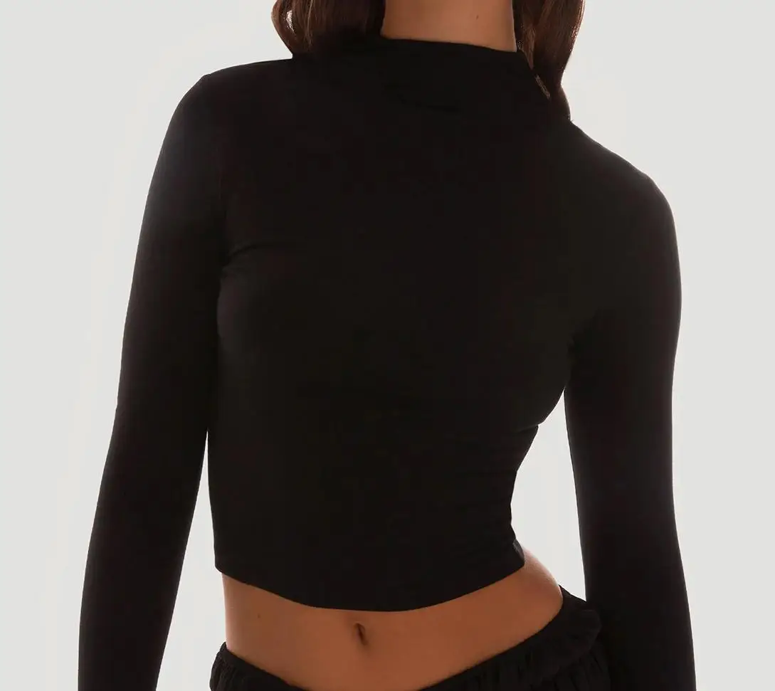 

Новые женские укороченные топы для йоги, однотонная футболка с длинным рукавом и воротником-стойкой, облегающая футболка для весенне-осеннего клуба, уличного стиля, горячая распродажа, S M L