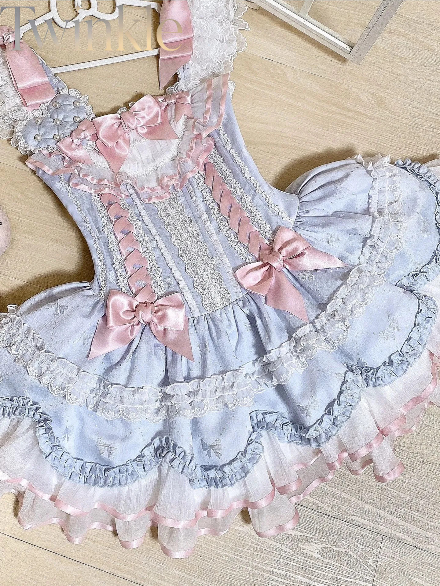 Women's Blue Satin Ribbon Lolita JSK Sweet Vintage Heavily Embellished One-Piece Dress Sweetheart Jumper Skirt Gown Elegant Lace
