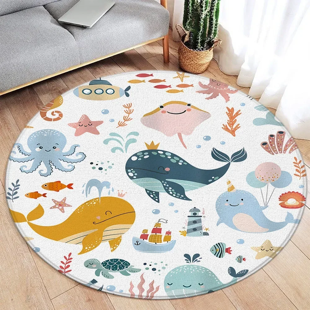 Cartoon Ocean & Jungle Animal Print Round Rug – Cute Fish, Dolphin, Starfish, Deer, Lion, Elephant, Tiger Kids Floor Mat Decor - view 2