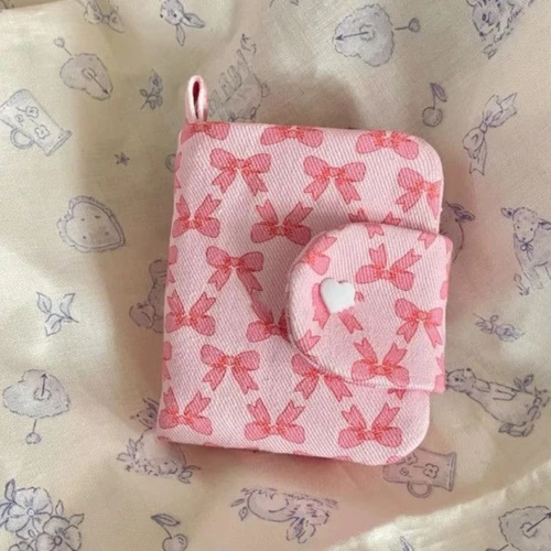Monedero con estampado de lazo rosa bonito, tarjetero, cartera para mujer, bolsa de almacenamiento de tarjetas bancarias de lona a la moda
