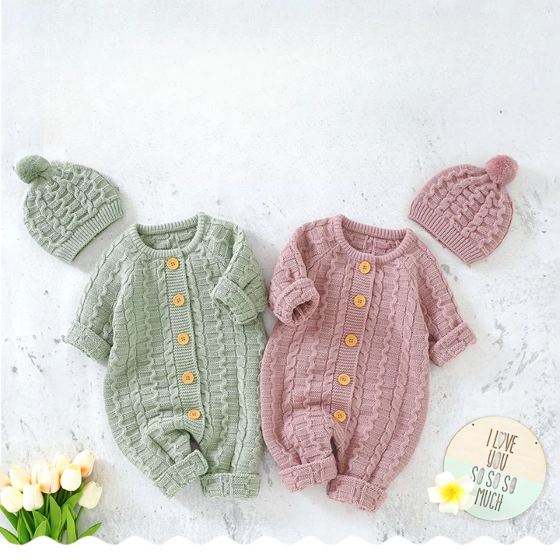 Newborn Infant Kids Boys Girls Knitted Jumpsuits Hats Outfits Toddler Autumn Winter Playsuits Overalls Baby Rompers Long Sleeves