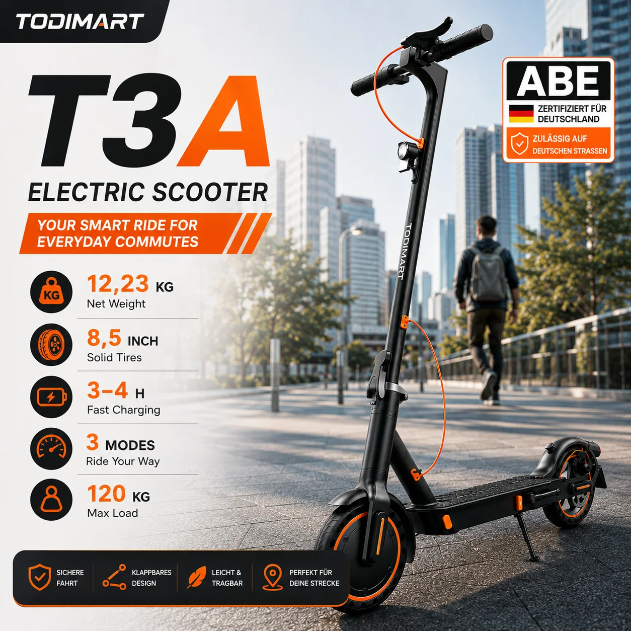 TODIMART D6ABE Pro Elektroroller für Erwachsene Faltbar mit ABE Straßenzulassung 48V 18,2Ah Herausnehmbarer Akku 60KM Reichweite 10 Zoll Luftreifen Frontfederung Smart APP Doppelbremse E-Scooter