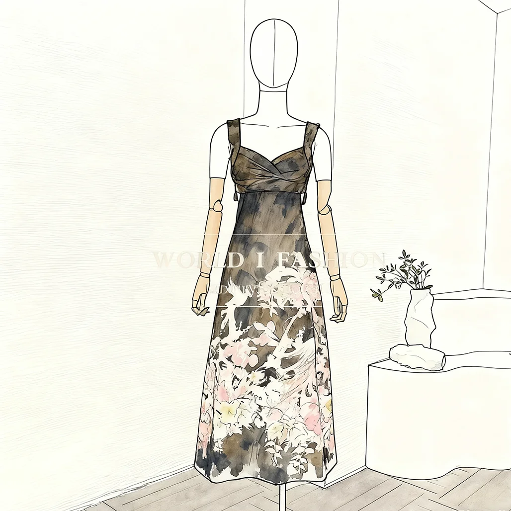 2025 New Fashion Beige Tropical Floral Print Sleeveless Pleat Sweetheart Neck Backless Midi Dress