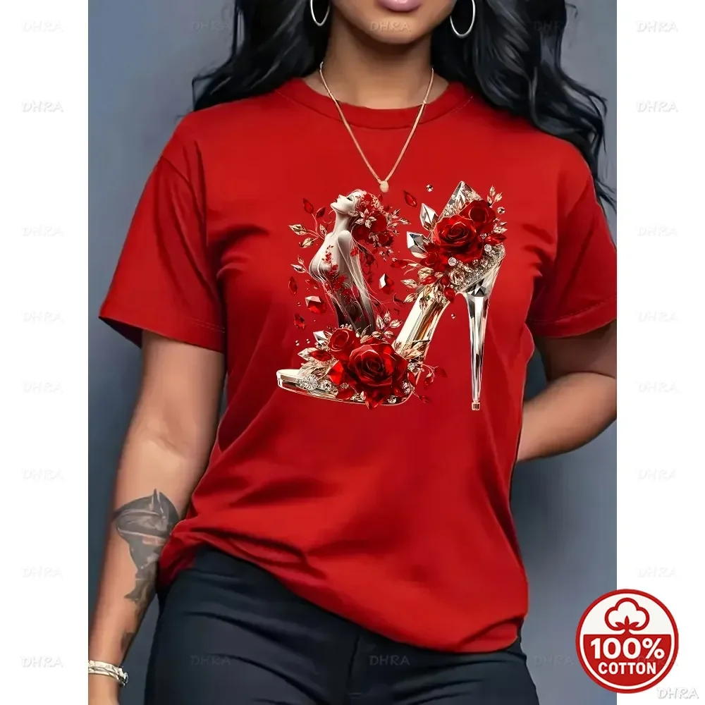 Fashion Heel T-Shirt Vintage Rose Diamond Artistic Tee