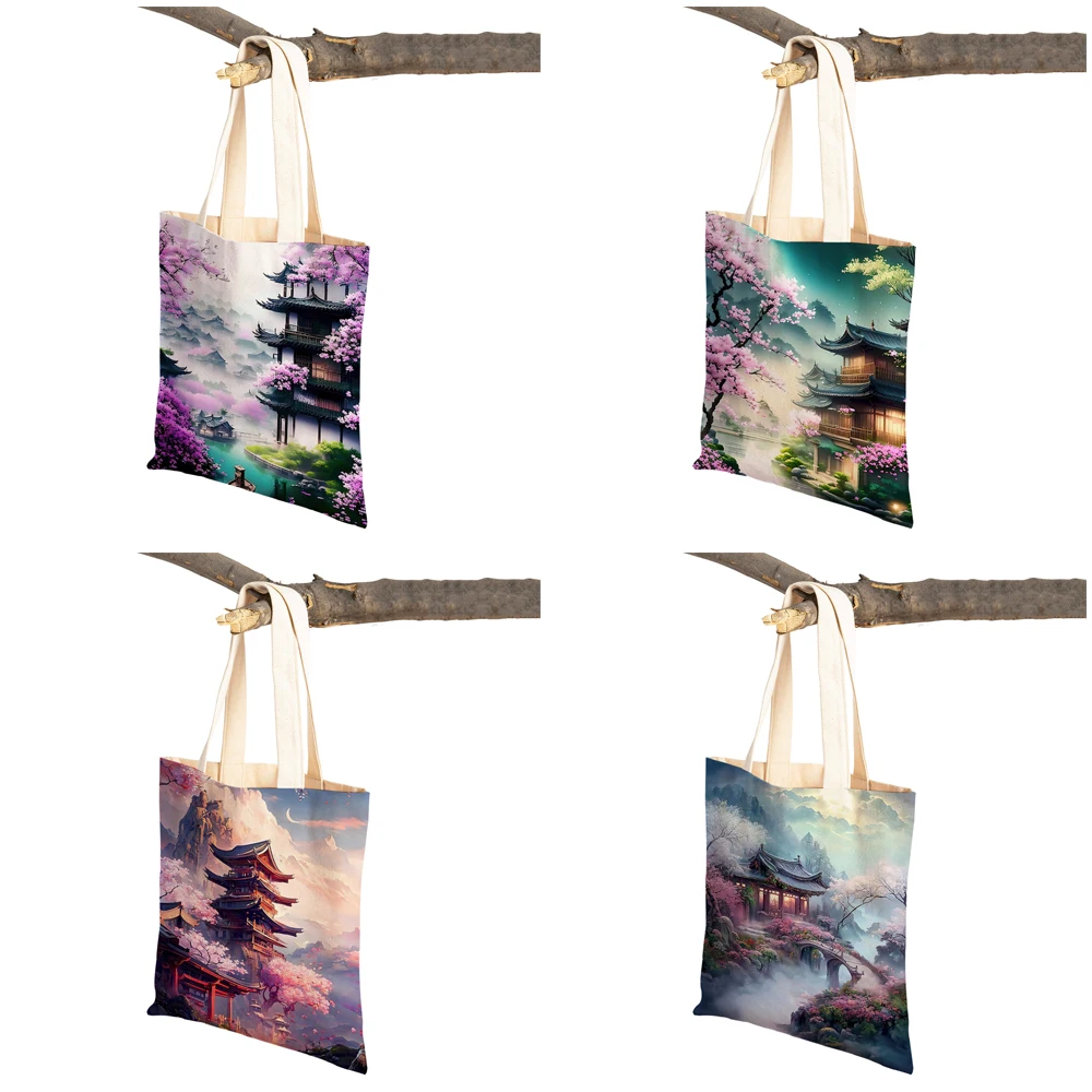 Chinese Painting Forest Women Shopping Bags Casual Canvas Handbag Double Print Decor Beautiful Scenery Shopper Bag Lady Tote