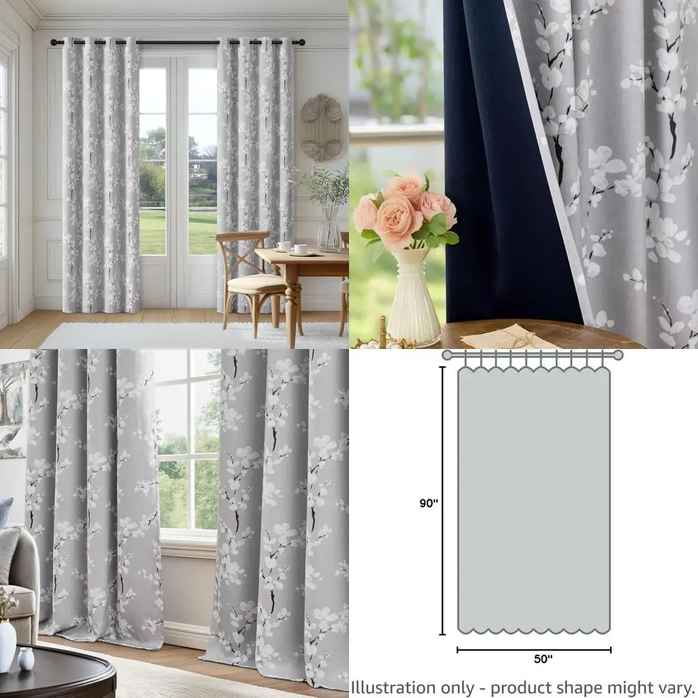 

Плотные шторы с термоизоляцией и цветочным принтом, серые 90, с цветочным узором, верхние панели с люверсами (белый на сером)
