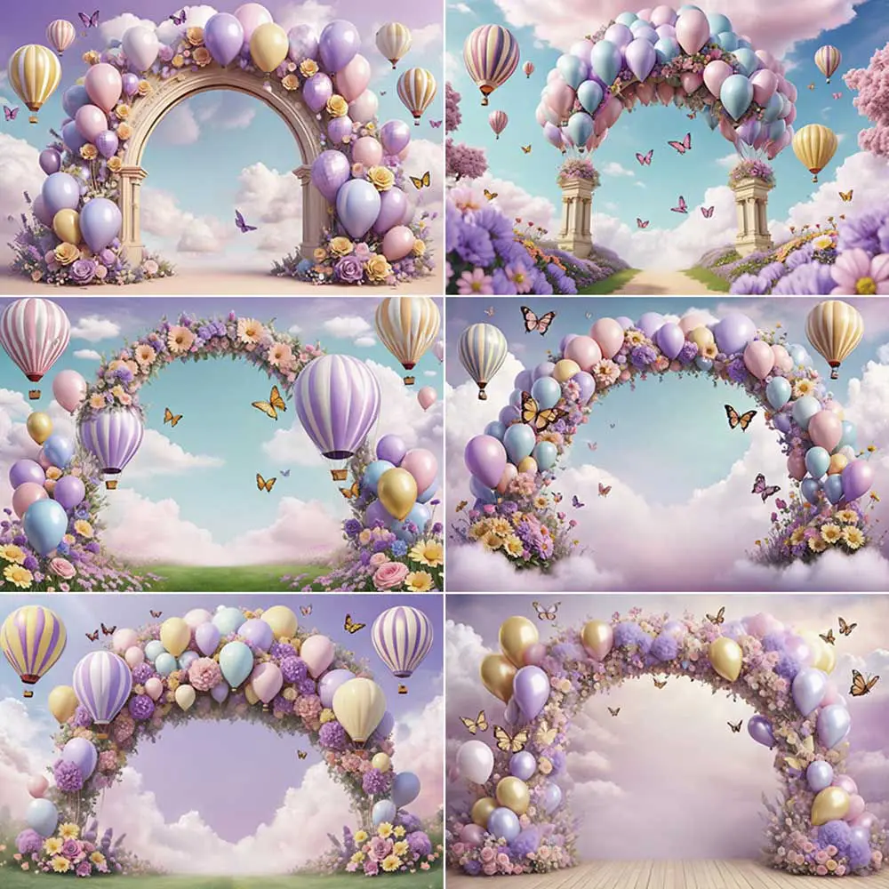 

MOON.QG Floral Balloon Arch Backdrop Baby Shower Flowers Butterfly Photography Studio Background Purple Photoshoot Back Drop