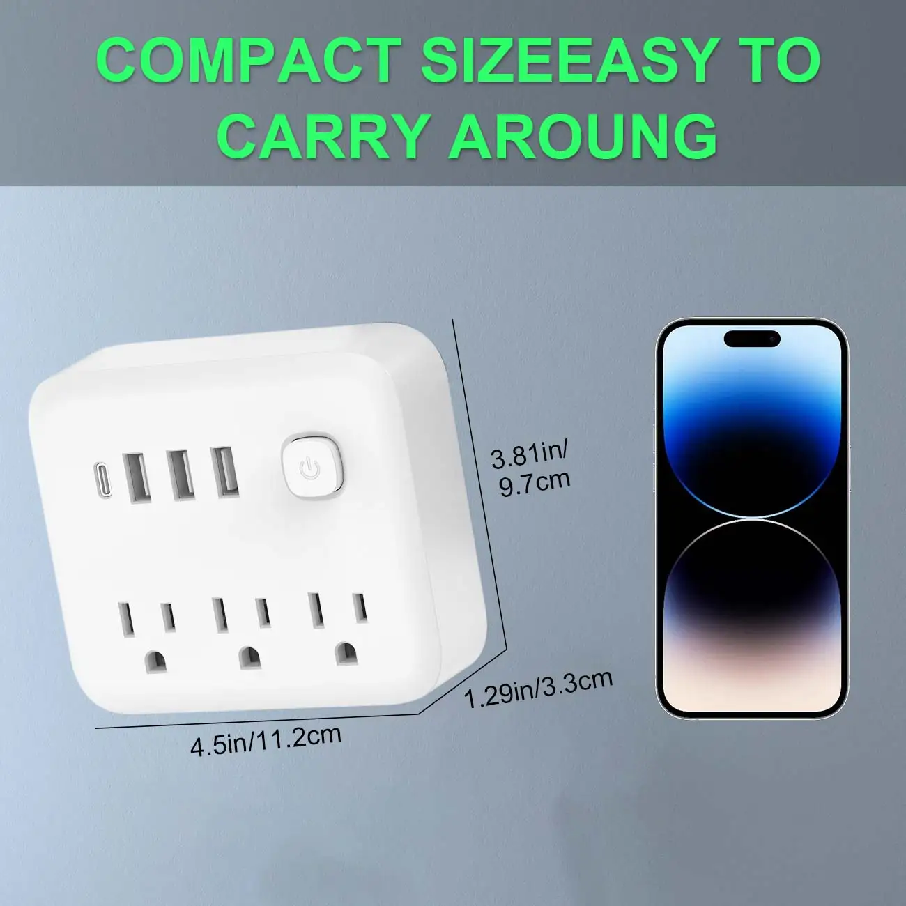 7-in-1 Travel Power Strip Surge Protector with Switch 3 AC Outlets 3 USB Ports USB-C Universal Adapter for Home Office Hotel Use