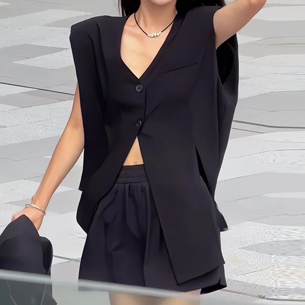 Korean 2025 summer new  black V-neck sleeveless suit vest versatile and thin stacked vest top