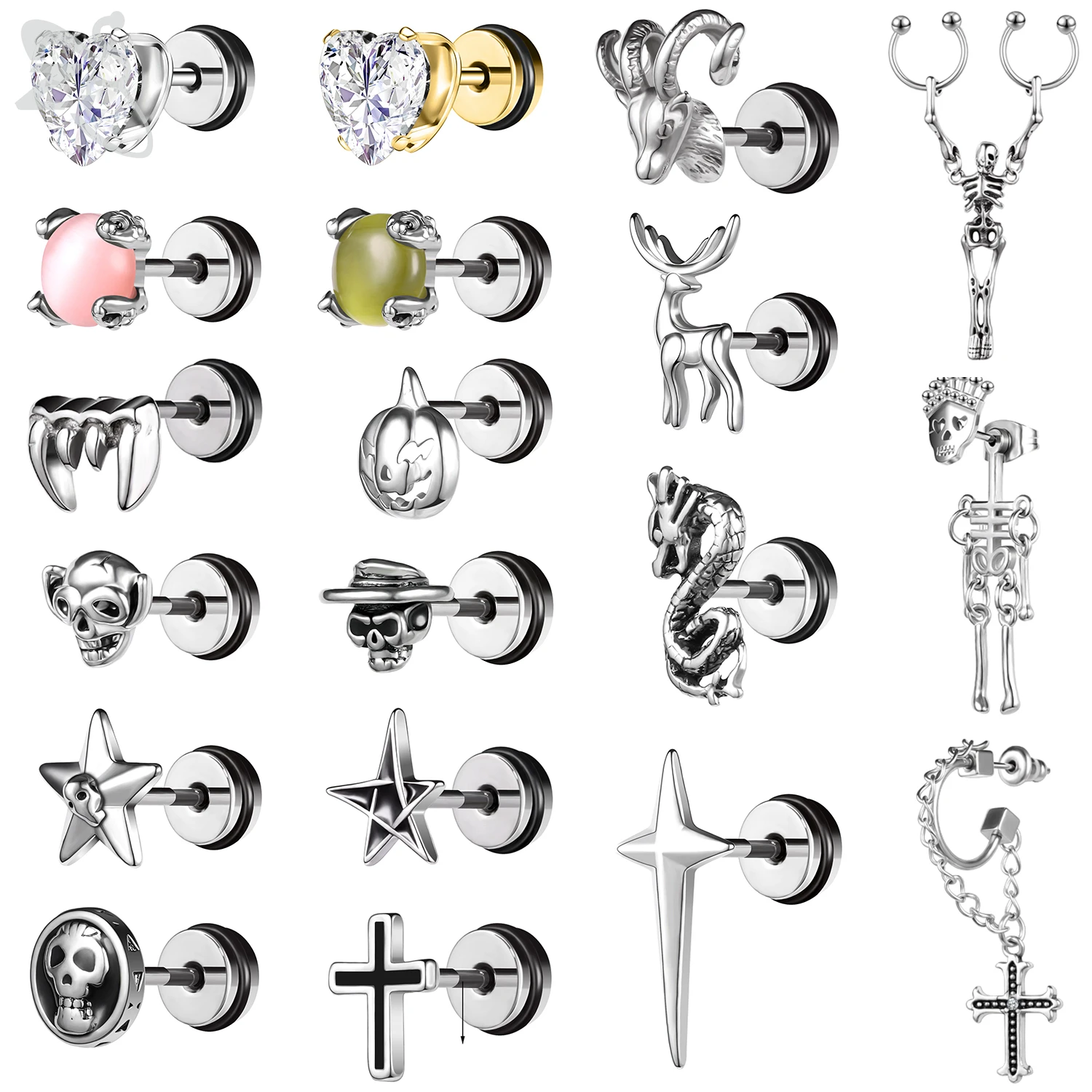 ZS 1 Pair Punk Skull Stud Earring For Men Women 16g Stainless Steel Flat Back Earrings Deer Cross Star Shape Ear Studs Jewelry