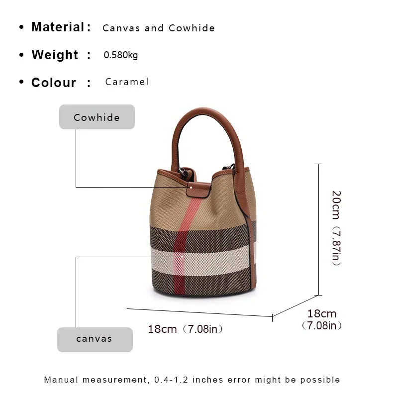 Aidrani Women\'s plaid handbag, made of canvas and cowhide material, with a caramel colored large capacity and a small bag inside