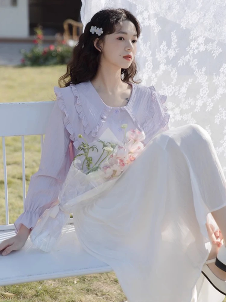 

Элегантные рубашки женские с воротником Питера Пэна и длинными рукавами одежда милая корейская мода нежные консервативные майки Mujer осенний дизайнерский шик