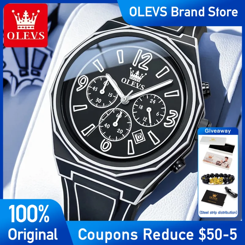 Olevs relógio masculino marca moda pulseira de silicone relógio de quartzo masculino à prova dwaterproof água luminosa multifuncional cronógrafo