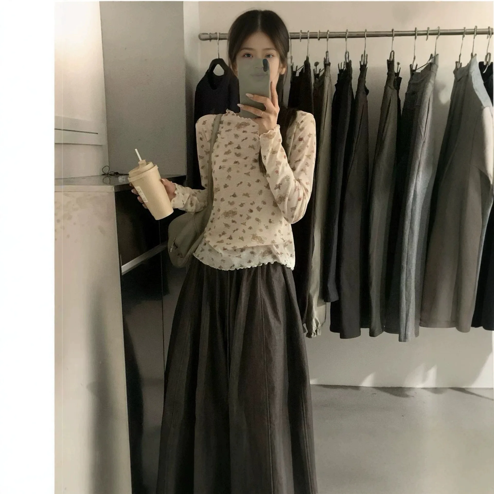 Korean Style Autumn Floral Long Sleeve T-Shirt Gentle Fungus Edge Folded Base Top for Women Casual Comfortable Printed Shirt