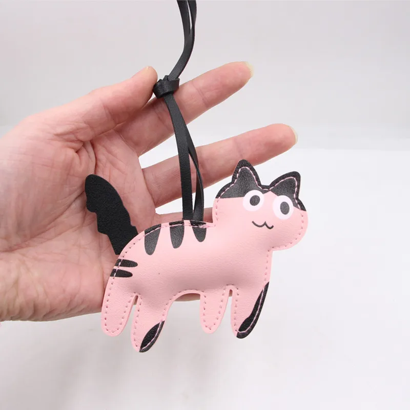 Fashion PU Leather Cat Pendant Keychain Cute Animal Keyring Women Bag Charm Handbag Hanging Decoration For Girl Gifts
