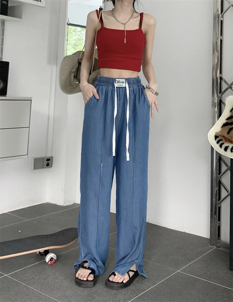 2024 Summer New Denim Blue Sky Silk Thin Elastic Waist Hanging All Straight Tube Slit Walking Pants Woman