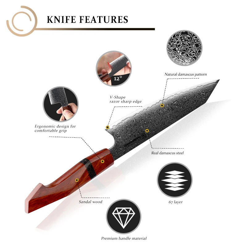 Grandsharp pisau Kiritsuke 7.5 inci, pisau Damaskus 67 lapis, pisau baja pisau koki daging dapur dengan Sandal pegangan kayu