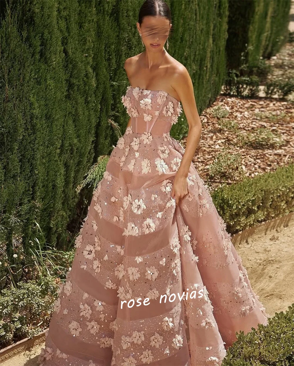 Customized Net Applique Flowers Sequined Strapless A-line Floor-length Bespoke Occasion Evening Luxury Prom Gorgeous Sparkle