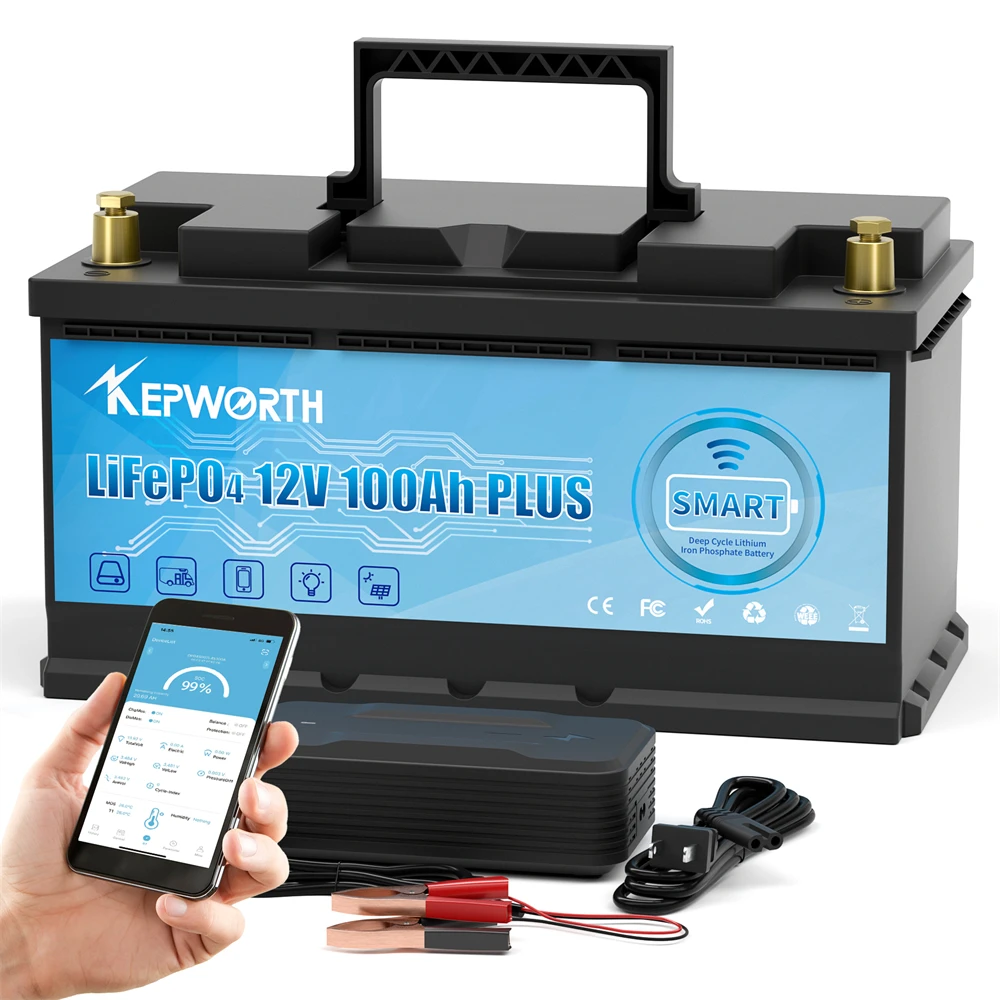 KEPWORTH 12V 100Ah LiFePO4 Bluetooth-Akku mit 100A BMS Deep Cycle Lithium-Akku für Wohnwagen, Camping, Boote, Wohnmobile