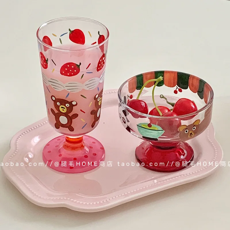 جميل Rilakkuma رسمت باليد الفراولة الباندا كأس زجاجي الحلوى أكواب الآيس كريم وأطباق من العصير كؤوس النبيذ الأحمر