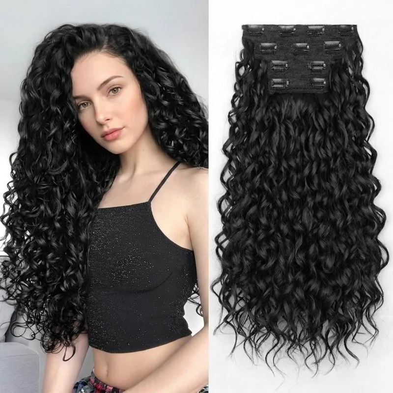 4PCS 20 Inch Curly Synthetic Clip In Hair Extensions, Soft Natural Invisible Lace Weft Wavy Synthetic Hair Pieces For Women