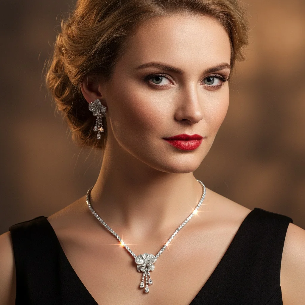 

European Retro Zircon Flower Earrings Necklace Set Light Luxury White Elegant Women Fashion Jewelry Accessories