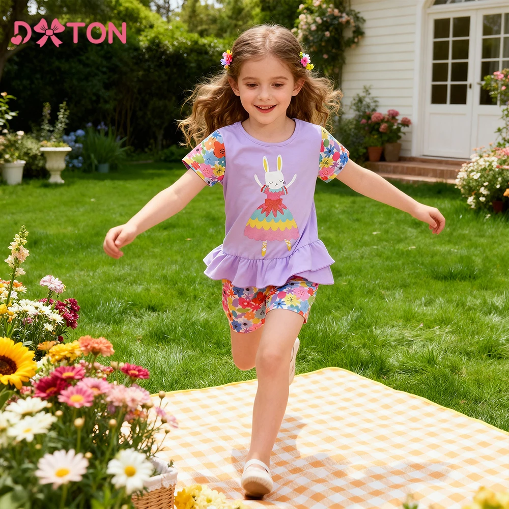 DXTON Kurzarm 2-teiliges Kleidungsset Sommer Kinder Tops & Shorts Anzug Kaninchen Blume Kleinkind Homewear Casual Mädchen T-Shirt Set