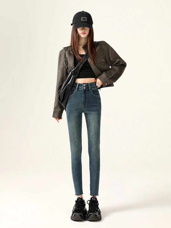 Retro High Waist Skinny Jeans Women's Elastic Slim Fit Nine Point Pencil Pants Cotton Polyester Spandex Comfortable Stretchy
