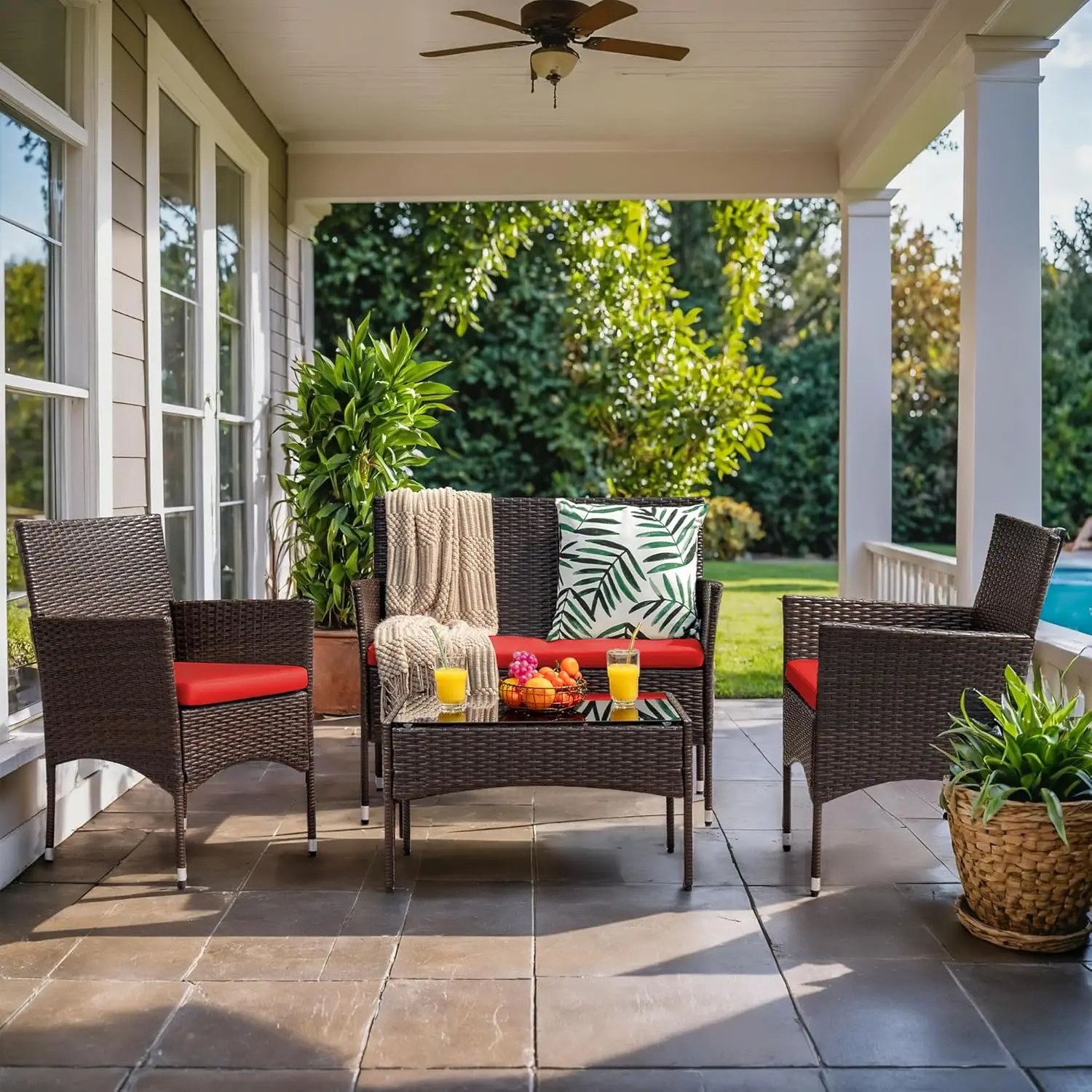 4 قطع من كرسي الفناء الروطان الخوص، للاستخدام الداخلي والخارجي في الفناء الخلفي والشرفة والحديقة بجانب حمام السباحة (أحمر)