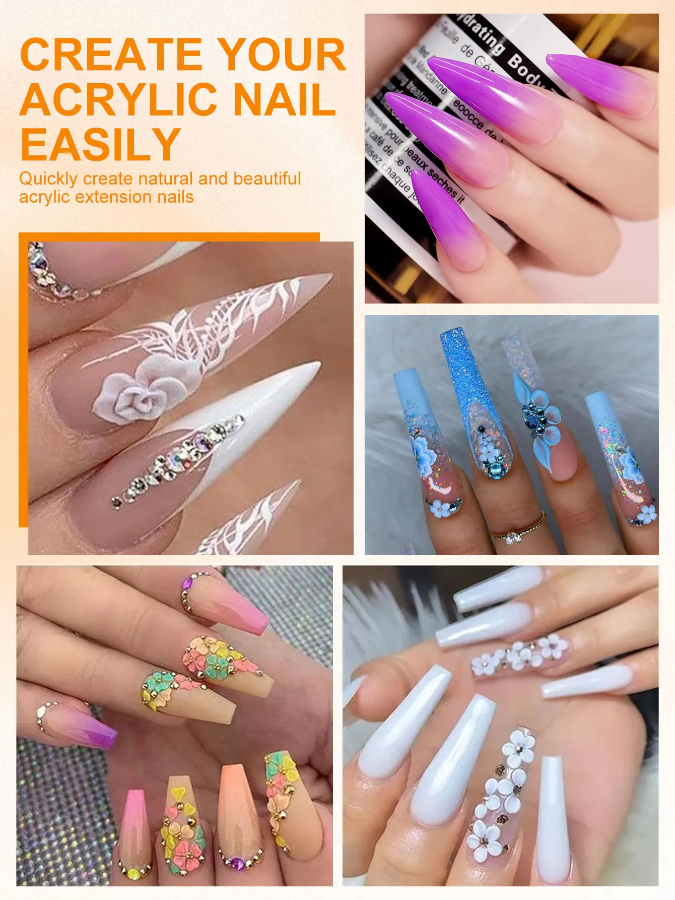 Ensemble de pinceaux à ongles en acrylique, 4 pièces, Extension de poudre acrylique professionnelle, dégradé, Nail Art, sculpture 3D, outils de Salon de manucure