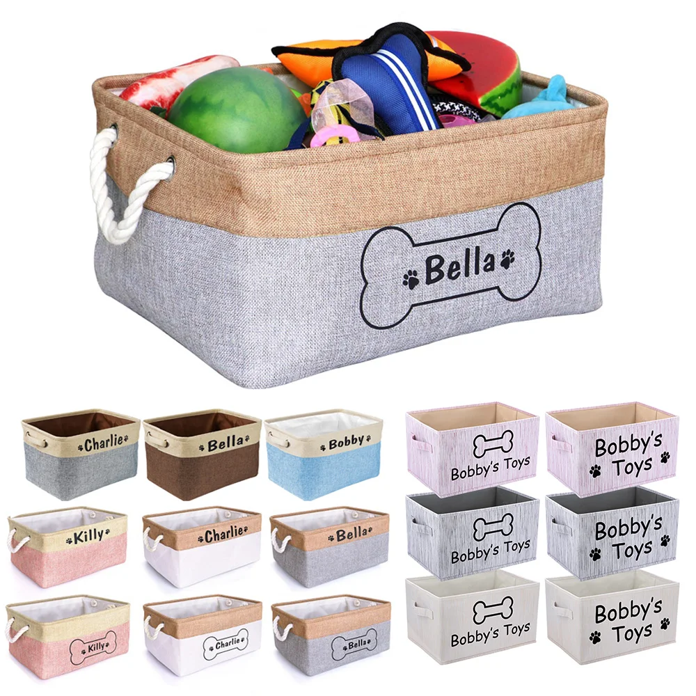 Personalized Dog Basket Custom Pet Toy Storage Bag Foldable Dogs Storage Baskets For Dogs Toys Clothes Free Print Name Bone Paw