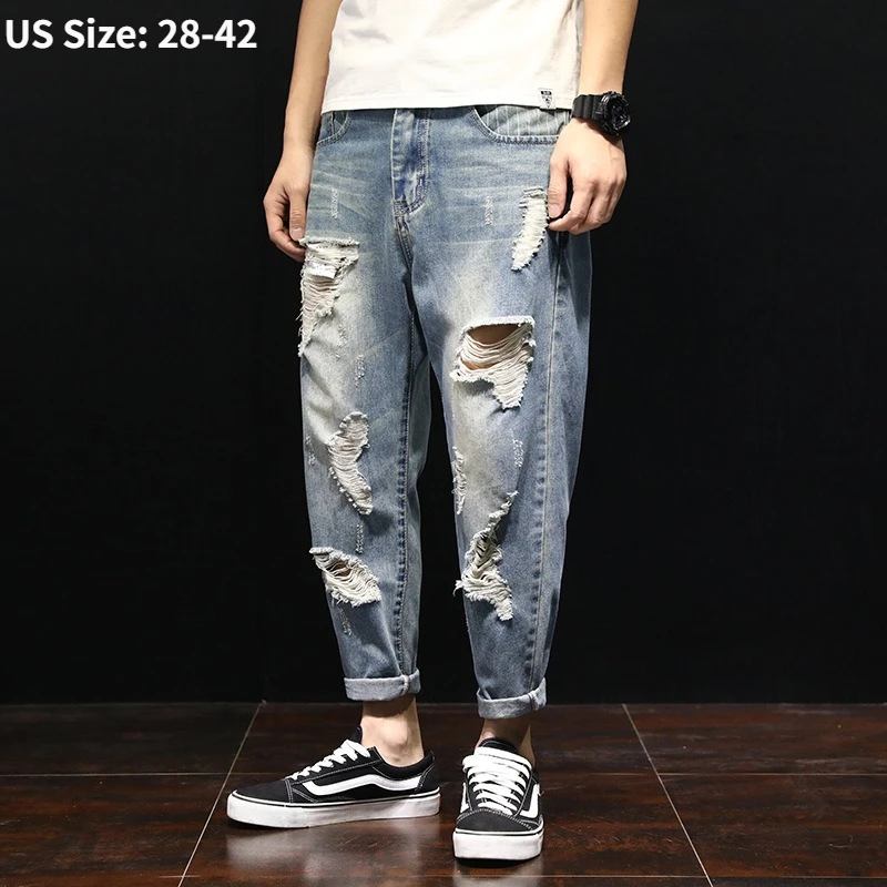 

Summer Ripped Jeans Mens Harem Plus Size 38 40 42 Holes Hip Hop Pants Ankle Length Thin Denim Scratched Loose Boys Trousers