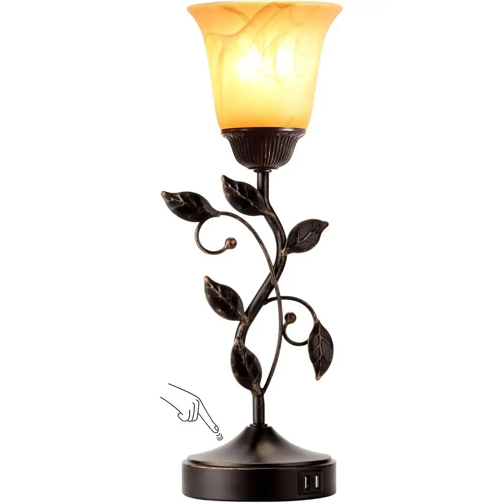 

Vintage Amber Glass 3-Way Dimmable LED Table Lamp with 2 USB Ports for Living Room, Bedroom, and LED Bulb Included